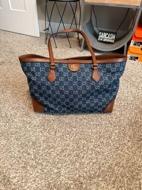 Gucci Blue Denim GG Monogram Tote with Brown Leather Trim